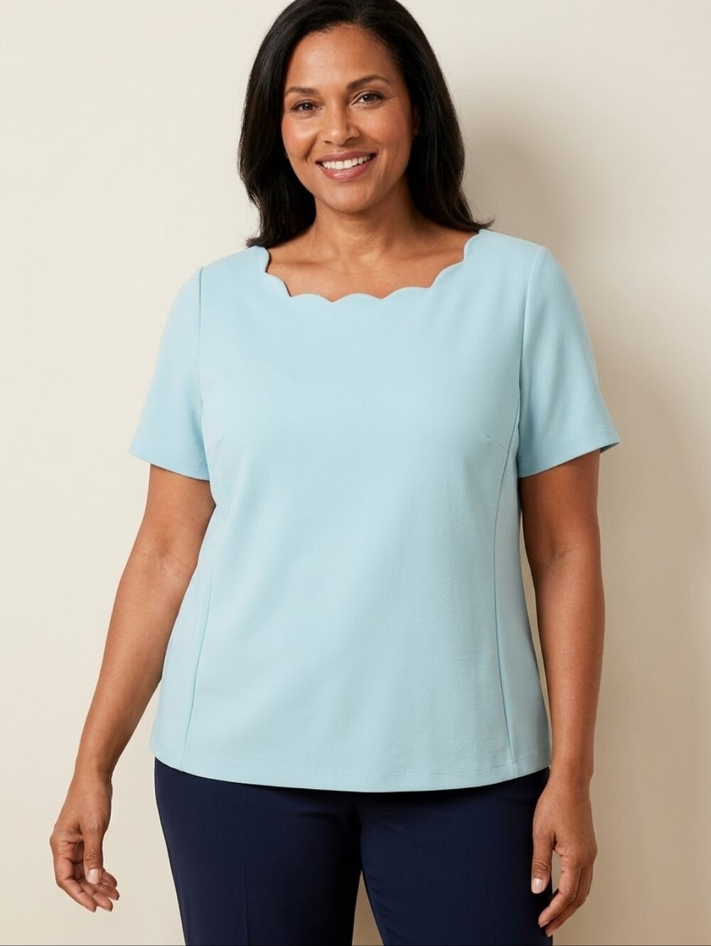 Talbots Woman Light Blue Scalloped Neckline Top 1x